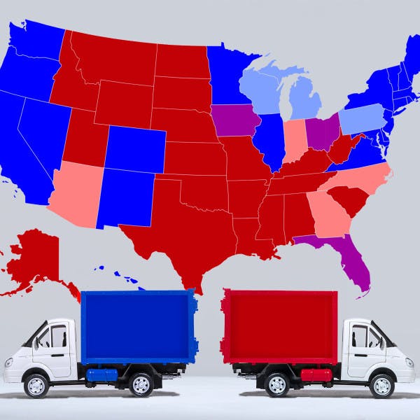A map of the U.S. with red and blue states, and moving vans headed in two directions.