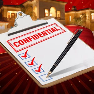 Celeb client privacy: Confidential checklist with luxurious house in background