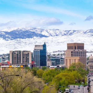 Downtown Boise, Idaho, on a spring day after a late snow on the foothills