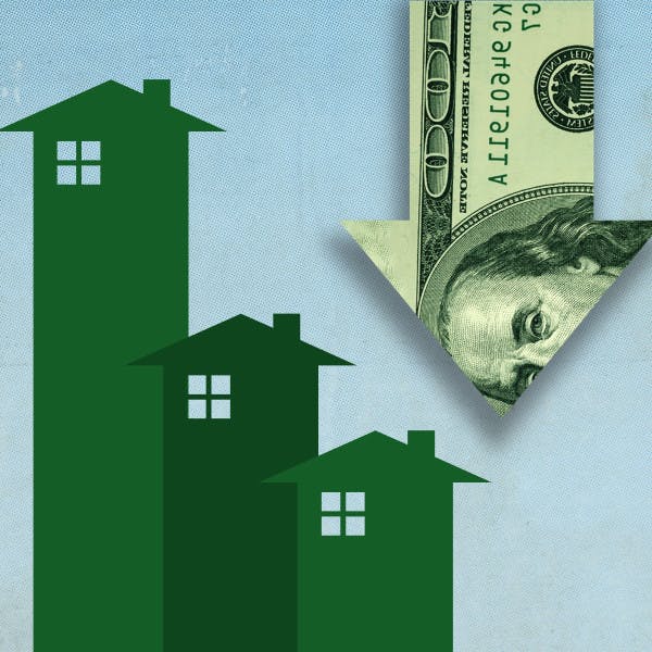 An illustration of homes with a downward arrow constructed of a dollar sign to represent declining home prices.