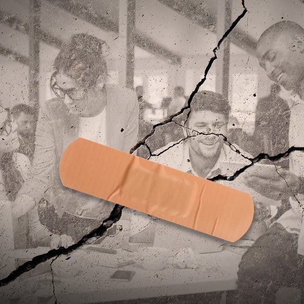 Crack with band-aid over it with overlay of people working