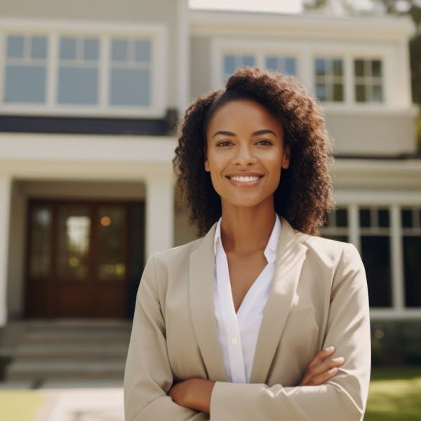 A confident Black woman real estate agent stands outside a traditional home.