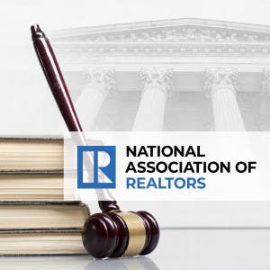 The National Association of Realtors logo against a backdrop of a courthouse and a gavel.