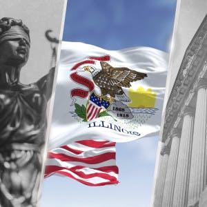 The scales of justice, courthouse columns and the Illinois state flag.