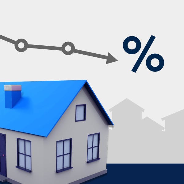 Grey downward arrow over image of house and percentage sign