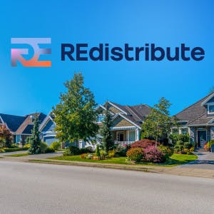 A suburban street lined with houses and the REdistribute logo. 
