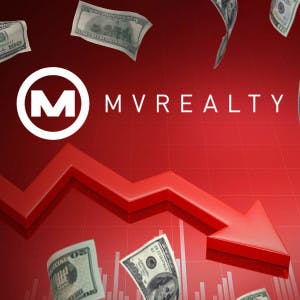 The MV Realty logo against a backdrop of falling hundred-dollar bills.