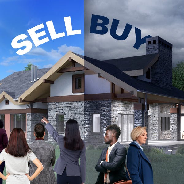 One half of a home is in the sunshine with the word "sell" while the other half is in cloudy weather with the word "buy."