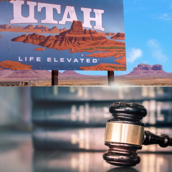 A split image with a "Welcome to Utah" sign with a desert background and a judge's gavel