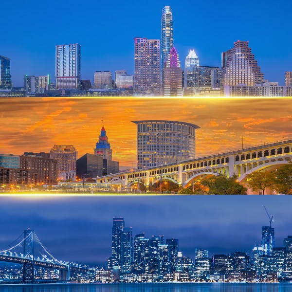 3 split image of Cleveland, Austin and San Francisco skylines