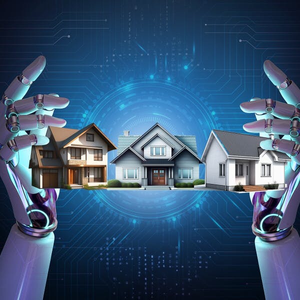 Robotic hands surround three houses
