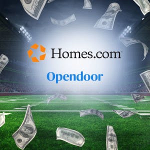 Homes.com and Opendoor logos in a football stadium surrounded by hundred-dollar bills.