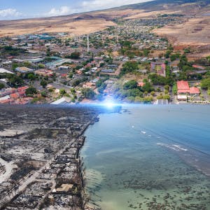 Lahaina, Maui, before and after fires devastated the town on Aug. 8, 2023.