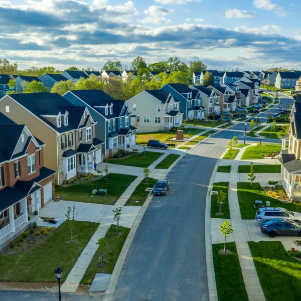 An aerial view of newly built suburban homes