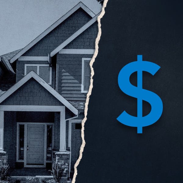 Torn image of muted house on right and dollar sign on right
