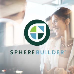 The SphereBuilder logo over a group of business people networking.