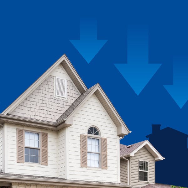 Down arrows next to a house represent a decrease in home sales.