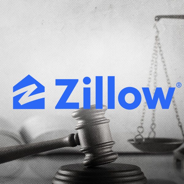 The Zillow logo over a background of a gavel and scale.