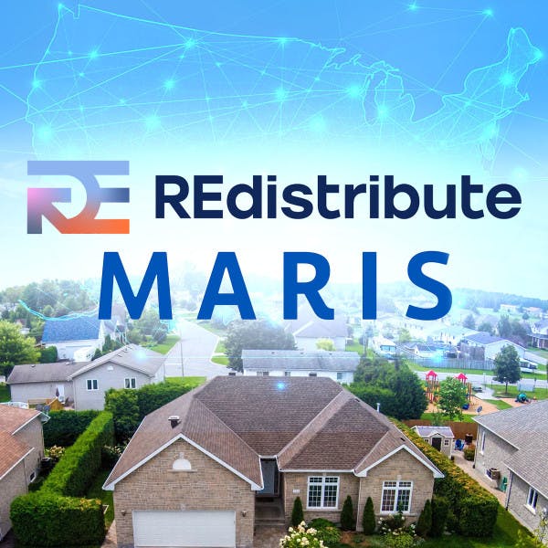 An aerial view of homes with the REdistribute and MARIS logos.