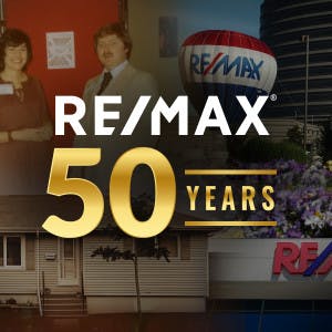RE/MAX 50 Years of business logo with collage of RE/MAX photos in background