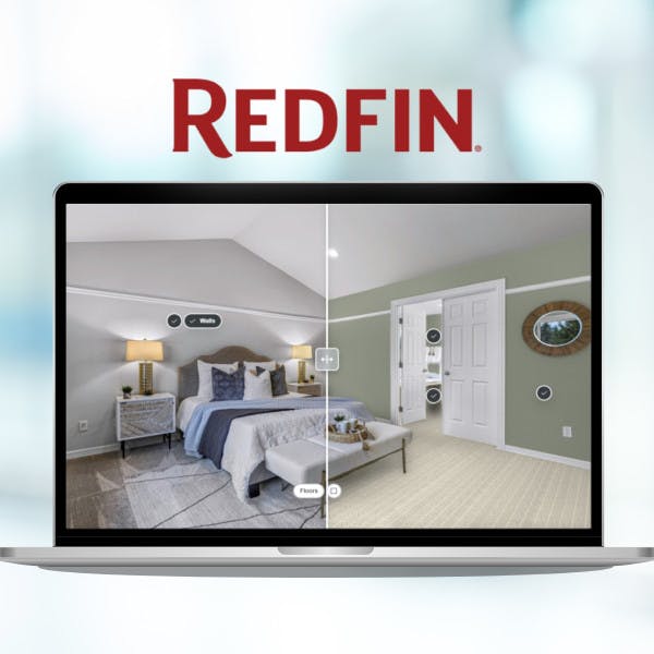 The Redfin logo over a screenshot of the company's Redfin Redesign AI tool.