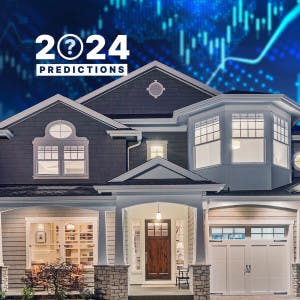 "2024 Predictions" and a house against a backdrop of financial charts