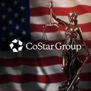 CoStar Group logo against a backdrop of the U.S. flag and scales of justice