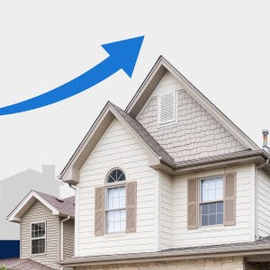 Arrow swooping up over image of house
