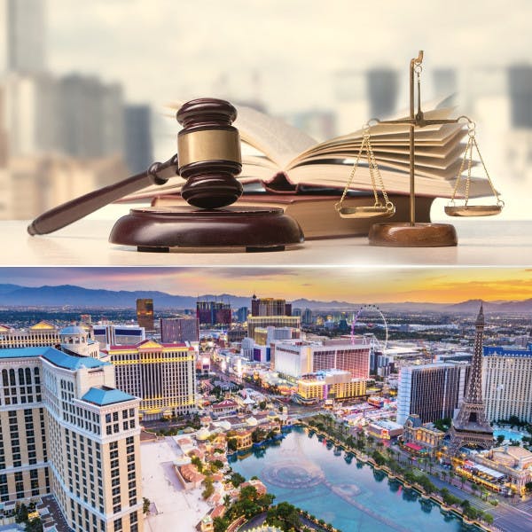 A gavel and scales of justice above the Las Vegas skyline.