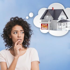 Woman pondering with thought bubble of sold home