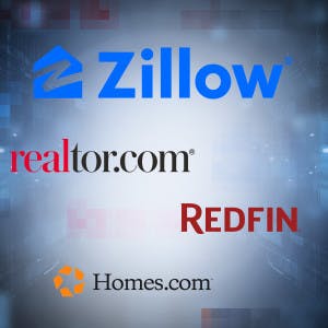Logos for Zillow, realtor.com, Redfin and Homes.com against an abstract background