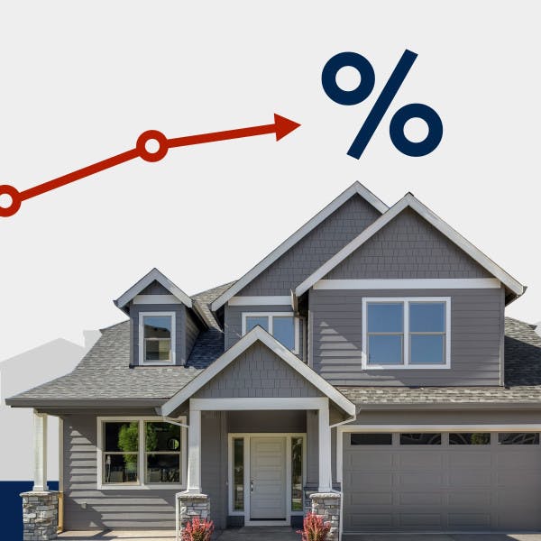 A upward-trending line graph next to a house represents rising mortgage interest rates.