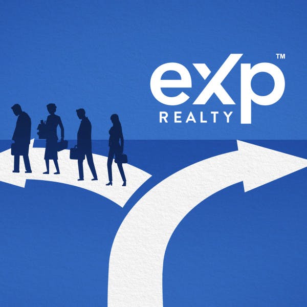 eXp Realty logo and silhouettes of employees walking away