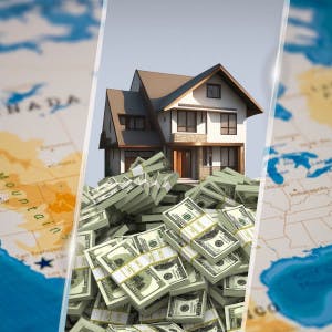A U.S. map and a house on top of a pile of money