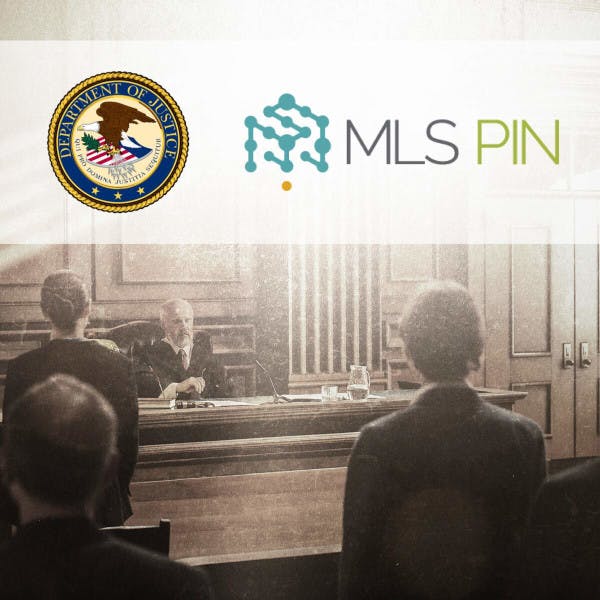 The Department of Justice and MLS PIN logos against a courtroom backdrop.