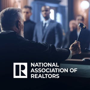 National Association of Realtors logo and a judge holding a gavel in a courtroom.