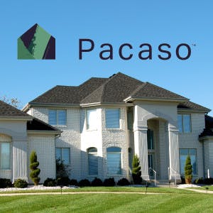 Pacaso logo and a luxury home
