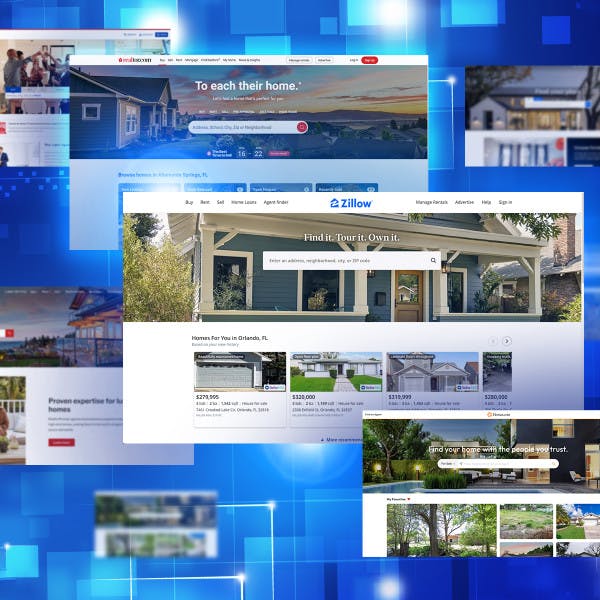 An array of screens displaying real estate home search portal sites. 
