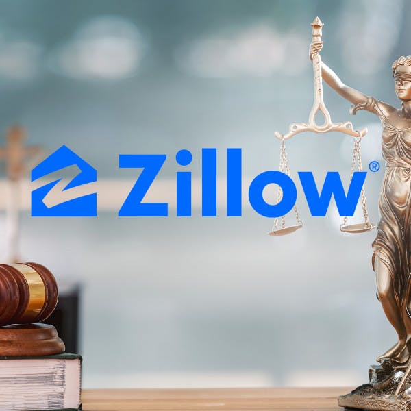 Zillow logo, gavel, scales of justice