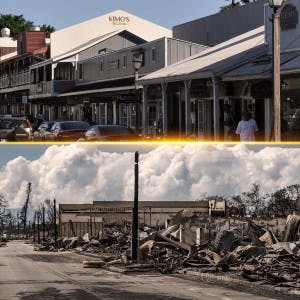 A split screen with a bustling Lahaina street front contrasted with the burnt remains after the August 2023 wildfires.