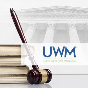 United Wholesale Mortgage logo and a courthouse and gavel