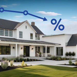 A rendering of a home in the country with a downward arrow and a percentage sign.