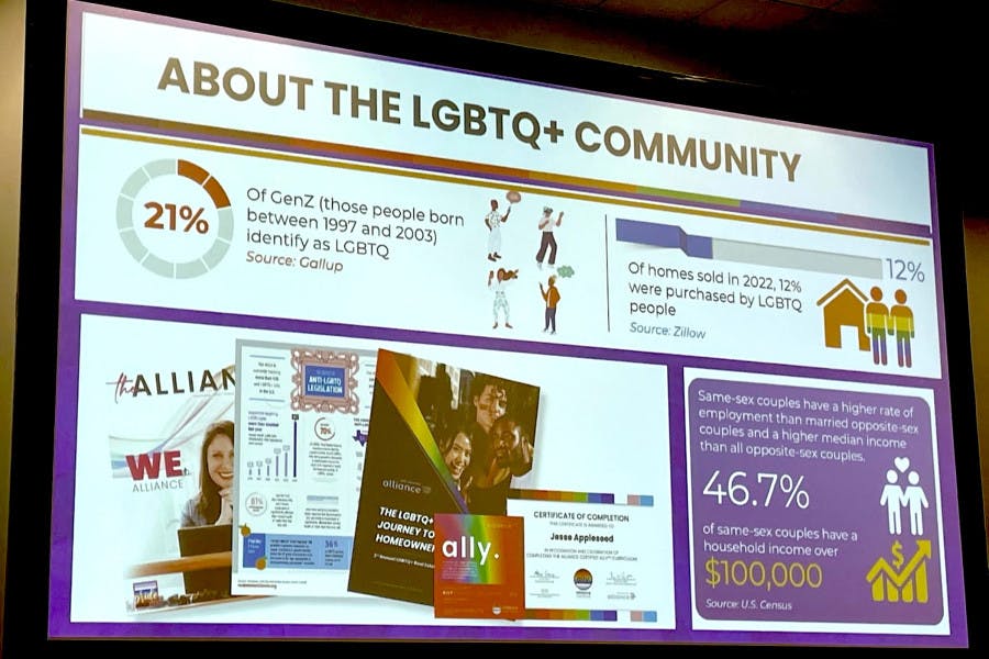 A presentation slide during a NAR NXT session shows demographic info about the LGBTQ+ community.
