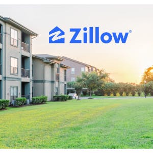 The Zillow logo and an apartment complex with a lush green lawn