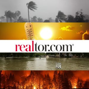Realtor.com logo and tiles of hurricanes, high temps, floods and wildfires