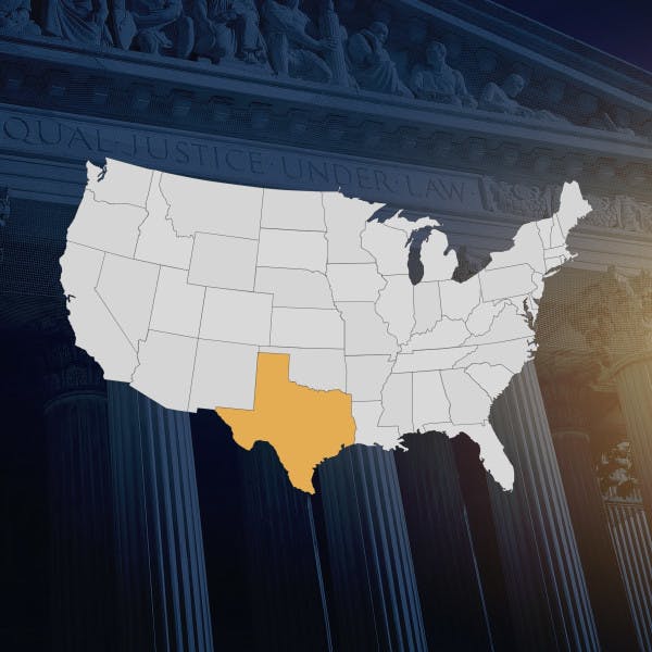 The state of Texas highlighted on a U.S. map over a backdrop of a courthouse.
