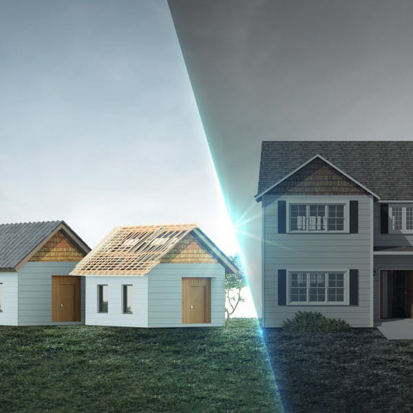 Split image of 3 smaller homes on left being developed and on right is a large home greyed out