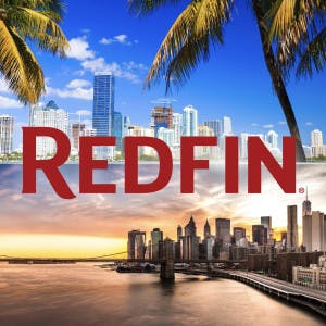Redfin logo and Miami and NYC skylines
