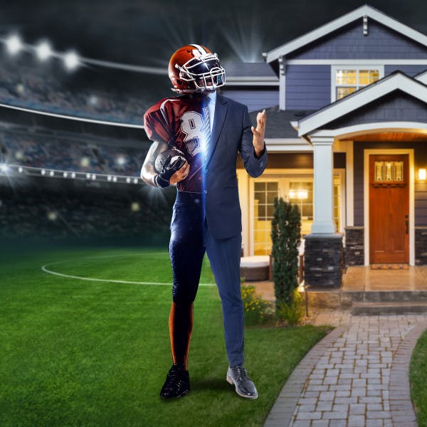 Image split of half side is football field and football player and other half side is house and man in business suit