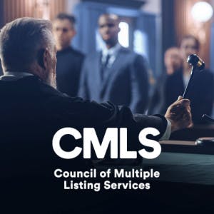 A courtroom with attorneys and a judge, and the CMLS logo.